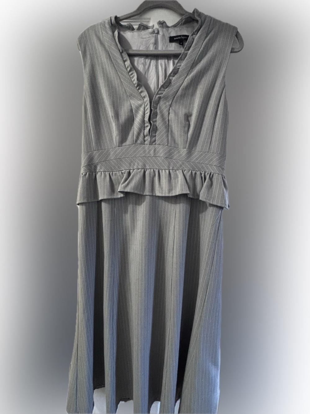 Nanette Lepore Grey Pinstripe Ruffle-Trim Midi Dress